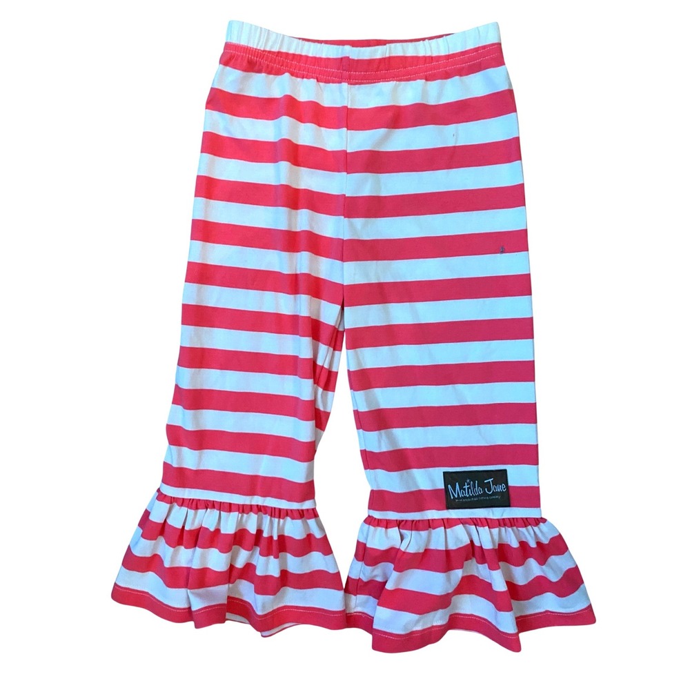Matilda Jane Girls Pink White Striped Ruffle Hem Leggings Pants Boutique Size 5